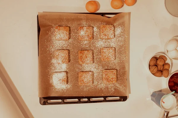 Zoetwaren Stilleven Koekjes Bakkerijproducten Mandarijnen Eieren Toetje Koken Snoep Suiker — Stockfoto