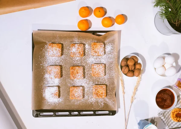 Zoetwaren Stilleven Koekjes Bakkerijproducten Mandarijnen Eieren Toetje Koken Snoep Suiker — Stockfoto
