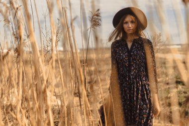 Kırsalda elbise giymiş güzel bir kız. Bir tarlanın arka planına ve buğday arasında yüksek voltajlı kablolara karşı. Mavi gökyüzü ve model