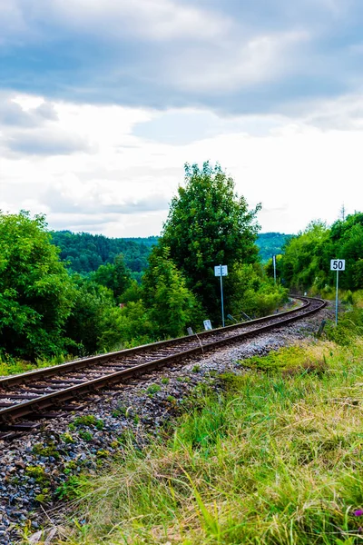 Ülkedeki yeşil ağaçlar arasındaki Diagonal demiryolu