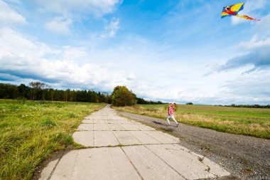 Çayır on uçurtma uçan ile oynarken güzel genç kız