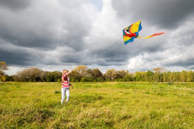 Çayır on uçurtma uçan ile oynarken güzel genç kız