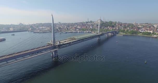 Aerial view of Istanbul Golden Horn Railway Bridge — Stock Video