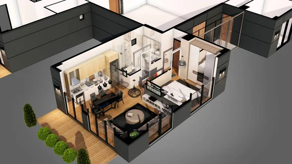 3D render of apartment floor plan