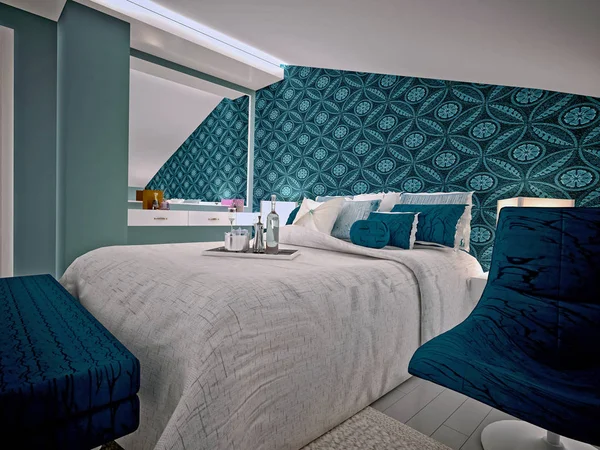 Renderizado Dormitorio Azul Moderno — Foto de Stock