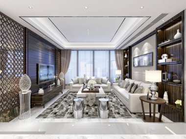 Modern oturma odasının 3D görüntüsü