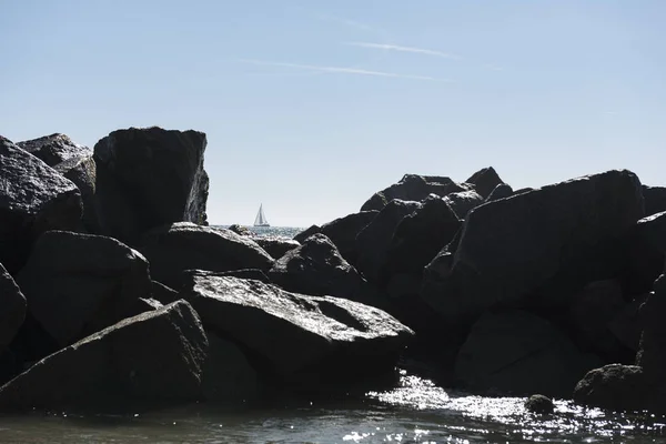 Pedras Praia Santa Monica Califórnia Tiro Exposição Longa — Fotografia de Stock