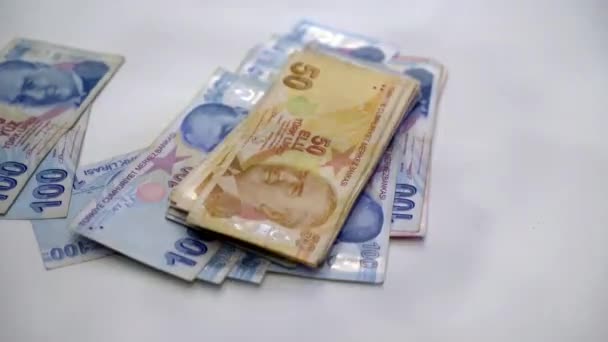 Turkse Lira Gooien Witte Achtergrond — Stockvideo