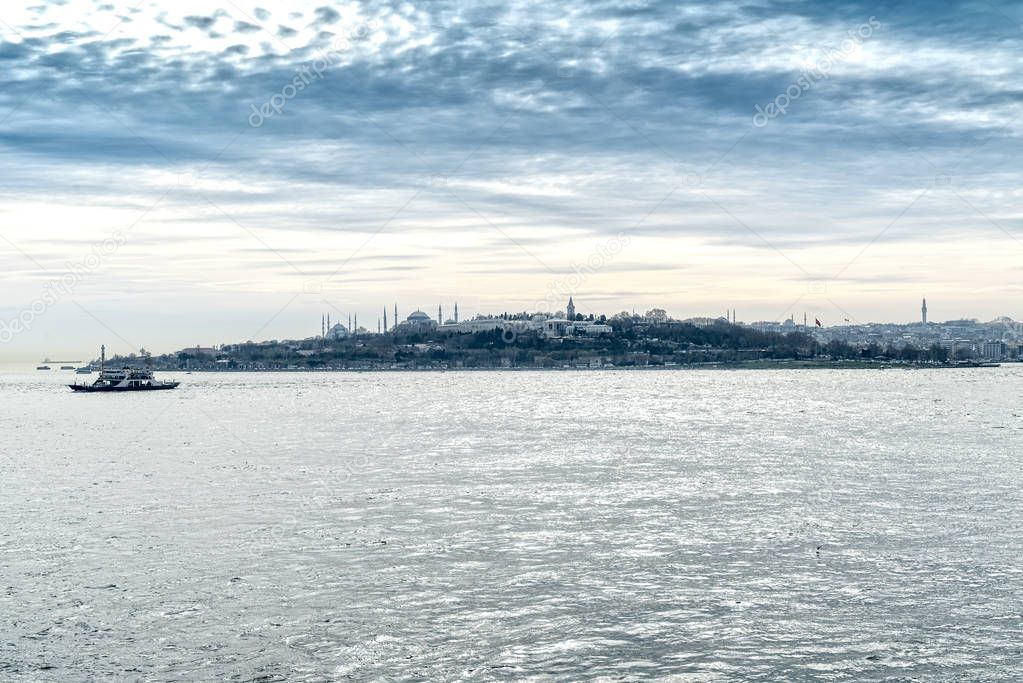 Istanbul bosphorus view with Topkapi Palace at sunset