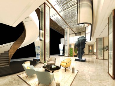 3D render lüks otel lobisinde