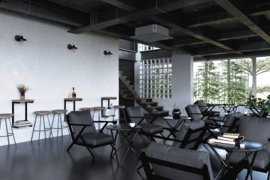 Modern kafe restoranının 3D görüntüsü