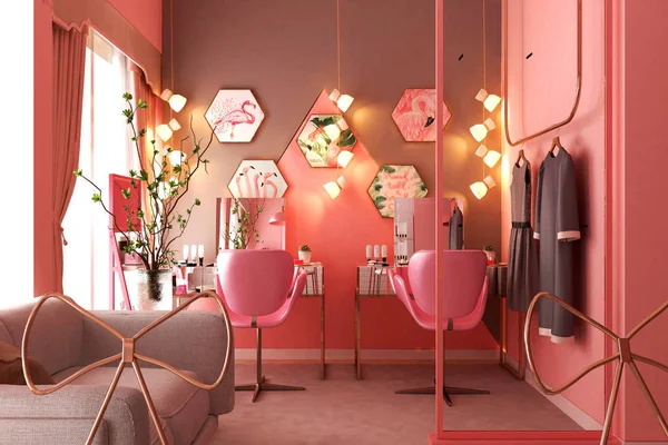 Beauty and Spa center in Pink Color Design. 3d rendering.