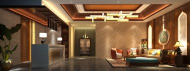 3D render lüks otel lobisinde