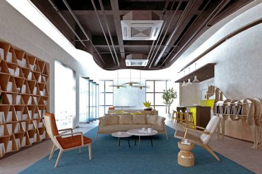 Modern çalışma odasının 3D görüntüsü