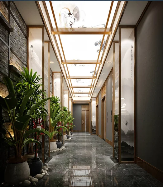 现代豪华酒店内部的3D渲染 — 图库照片