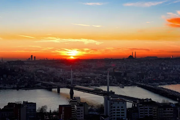 Coucher Soleil Istanbul Depuis Tour Galata Golden Horn — Photo