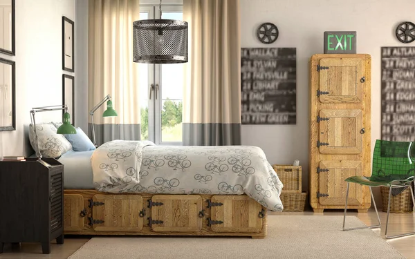 Render Industrial Style Bedroom — Stockfoto
