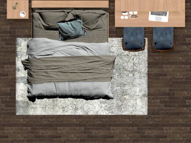 Modern yatak odası konseptinin 3D canlandırması