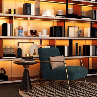 3D kanepe ve kitap rafı.