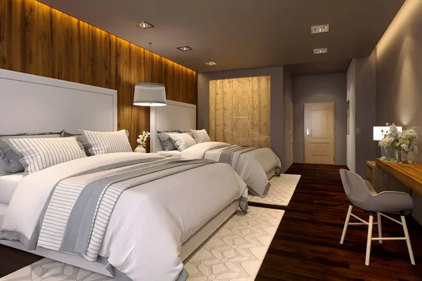 Renderizado Habitación Hotel Con Cama Doble — Foto de Stock