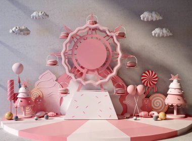 3d render of pink color birthday and wedding decor