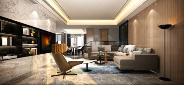 Modern oturma ve yemek odasının 3D görüntüsü