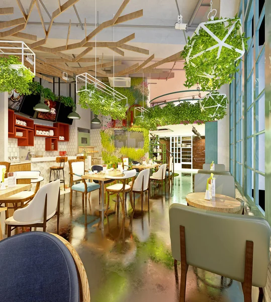 Renderowanie Wnętrz Restauracji Kawiarni — Zdjęcie stockowe