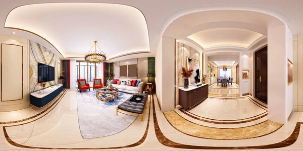 360度家居起居室及饭厅 3D渲染 — 图库照片