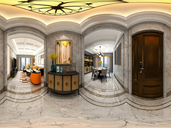 360 Gradi Casa Soggiorno Sala Pranzo Rendering — Foto Stock