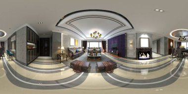 360 derece ev iç, oturma ve yemek odası