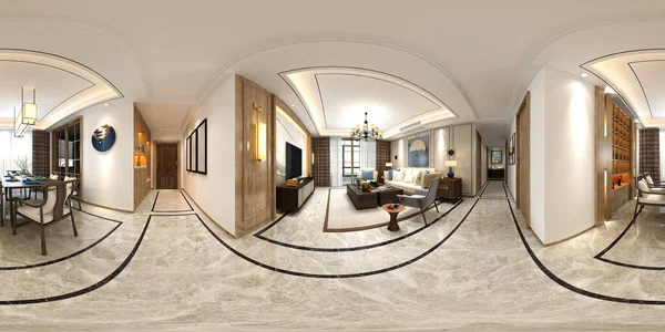Renderowania 360 Stopni Domu Wnętrza Salon Jadalnia — Zdjęcie stockowe