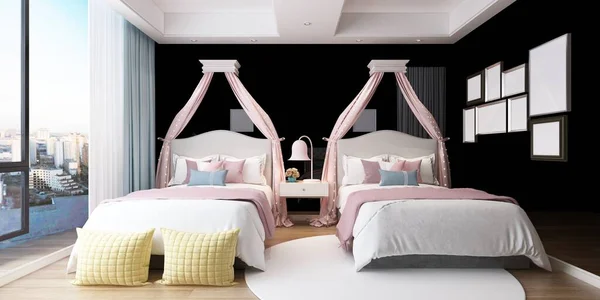 Renderizar Cor Rosa Menina Estilo Hotem Quarto Com Cama Solteiro — Fotografia de Stock