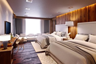 Çift yataklı modern otel odasının 3 boyutlu görüntüsü.