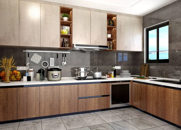 现代厨房3D渲染 — 图库照片