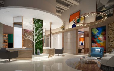 Modern mağaza iç tasarımının 3D görüntüsü