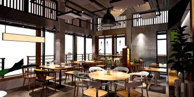 Kafe restoranının 3D görüntüsü.