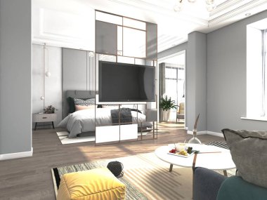 3D otel odası, yatak odası.