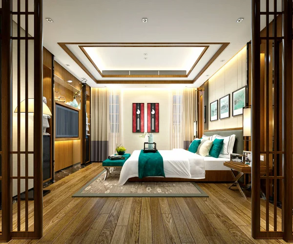 ホテルの部屋 ベッドルームの3Dレンダリング — ストック写真