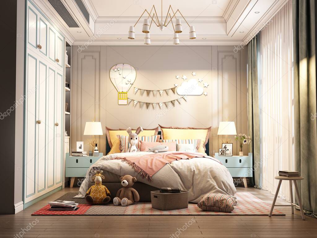 3d render of hotel room, bedroom