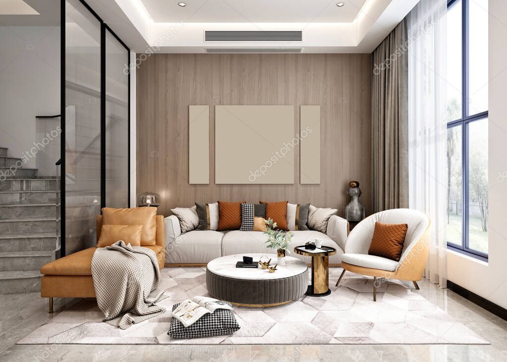 3d render of modern home interior living room