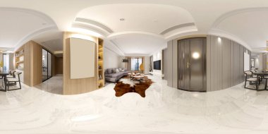 360 derece modern ev içi, yaşam ve yemek alanı