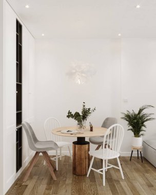 Üç boyutlu ev yapımı oturma ve yemek odası.