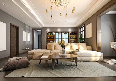 3d render modern ev oturma odası