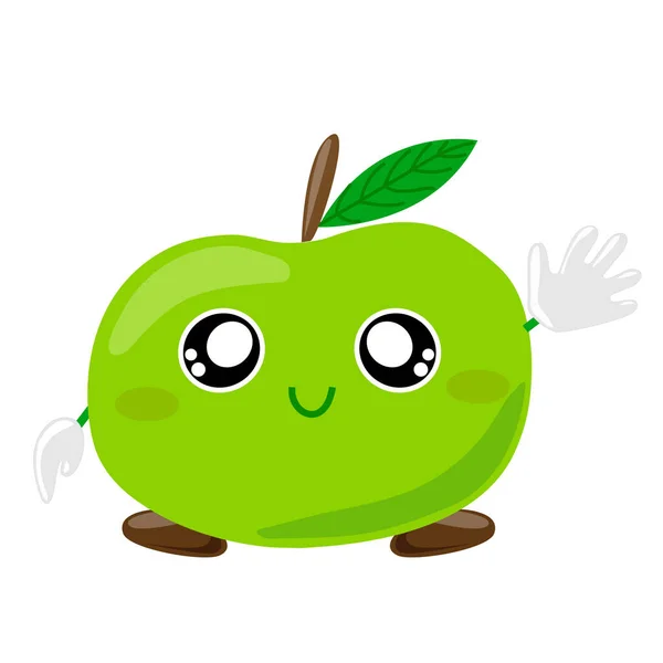 Caracteres de fruta. Sorrindo bonito verde maçã personagem dos desenhos animados acenando para saudação. Vetor —  Vetores de Stock