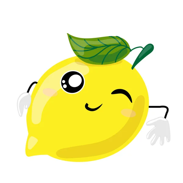 Fruchtcharaktere. lächelnd süße Kawaii gelbe Zitrone liegend augenzwinkernd und lächelnd. Cartoon-Figur ruht Hand Wand. Vektor — Stockvektor
