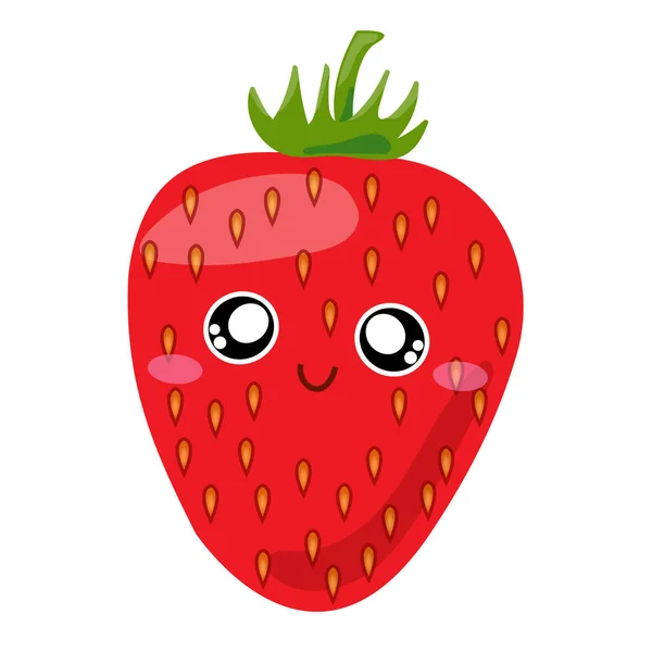 Personajes de frutas. Sonriendo linda fresa kawaii. Ilustración vectorial de fresa roja de dibujos animados con sonrisa . — Vector de stock