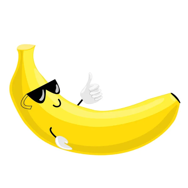 Fruchtcharaktere. Vektor-Illustration einer coolen gelben Cartoon-Banane mit Sonnenbrille und hochgerecktem Daumen — Stockvektor