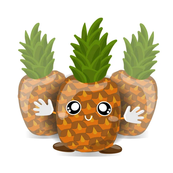 Fruchtcharaktere. lächelnd niedlich kawaii glücklich Ananasfrucht mit grünen Blättern Cartoon-Maskottchen-Figur mit offenen Armen zum Umarmen. Vektorillustration — Stockvektor
