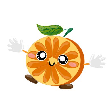 Meyve karakterleri. Gülümseyen şirin bir kawaii yeşil bir yaprakla portakalın yarısını kesmiş ve Kucaklaşma vektörü için kollarını açmış.