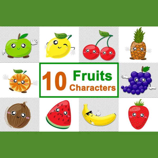 Personajes de frutas. Portada, u otro diseño de portada de diez personajes de frutas para niños. Frutas manzana, limón, coco, cereza, piña, naranja, uvas, plátano, fresa, sandía — Foto de Stock